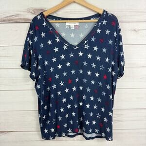 Madison Grey Women's Navy Blue Star Patriotic V Neck Short Sleeve Top‎ XL